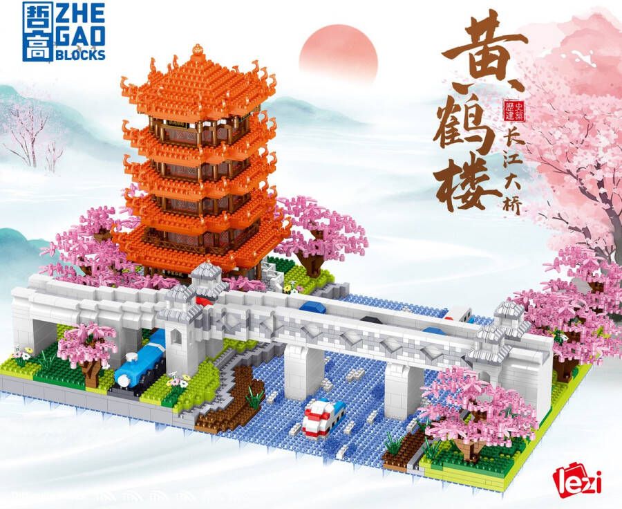 Lezi Gele Kraan-toren & Brug over de Yangtze Rivier Nanoblocks miniblocks Bouwset 3D puzzel 4413 bouwsteentjes