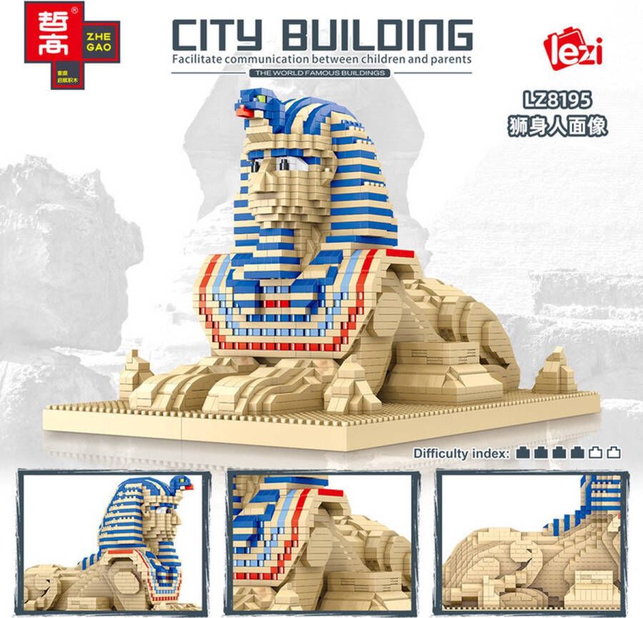 Lezi Sfinx van Gizeh Egypte Nanoblocks miniblocks Architectuur Gebouwen Geschiedenis Bouwset 3D puzzel 2732 bouwsteentjes