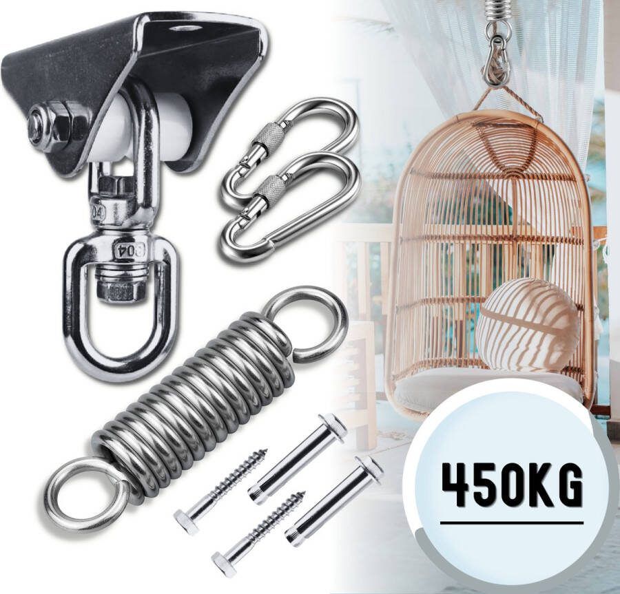 LFSY Compleet ophangsysteem – Plafondhaak hangstoel binnen – Schommelhaak buiten – Bokszakken ophangbeugel – Inclusief veer -RVS – 450kg – M8
