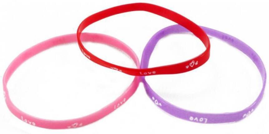 LG-Imports Rekbare Armbandjes | Love | Hartje | 3 x Armband in de kleuren Rood & Paars & Roze