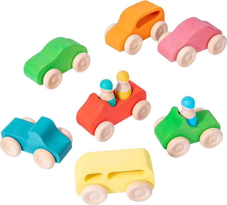 LiasToys Auto Set 7-delig Montessori |7 Gekleurde Houten Auto's + 3 Pegdolls Houten speelgoed