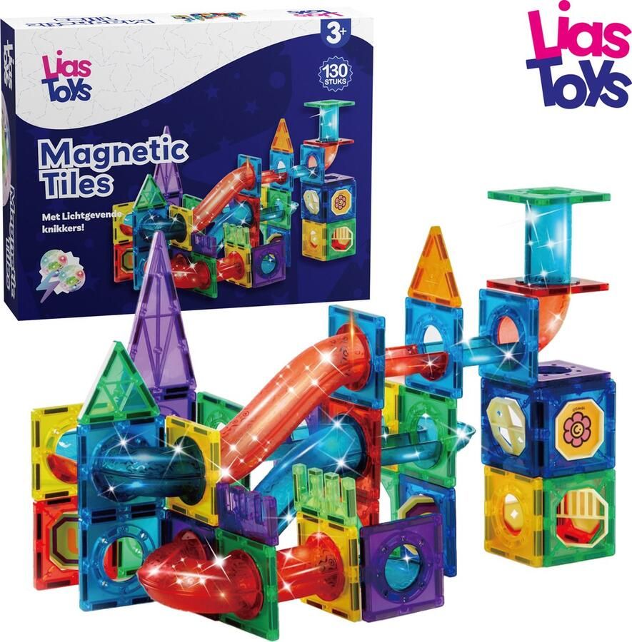 LiasToys Magnetisch speelgoed Magnetic tiles 130stuks Knikkerbaan Montessori speelgoed Magnetische Bouwstenen lichtgevende knikkers