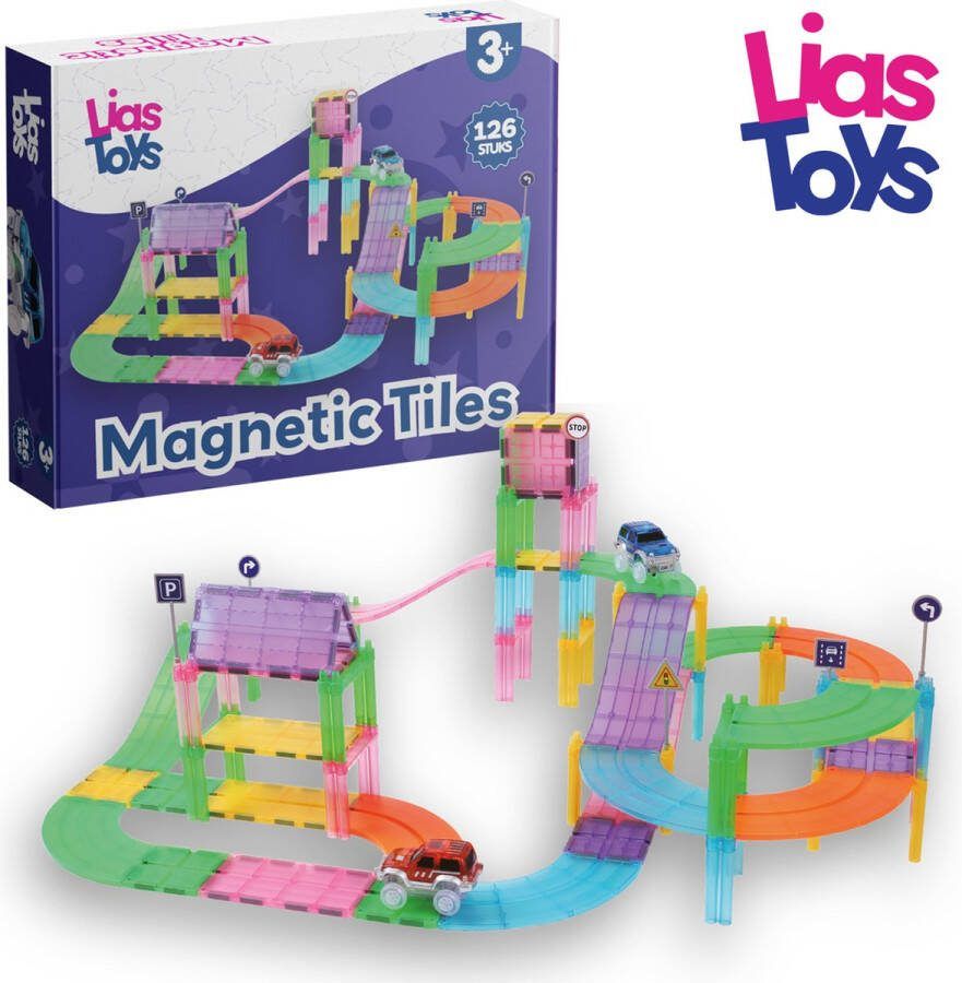 LiasToys Magnetic tiles racebaan Zelfrijdende auto Magnetische tegels 126stuks Magnetisch speelgoed Magnetic toys Open ended Bouw je magna wereld