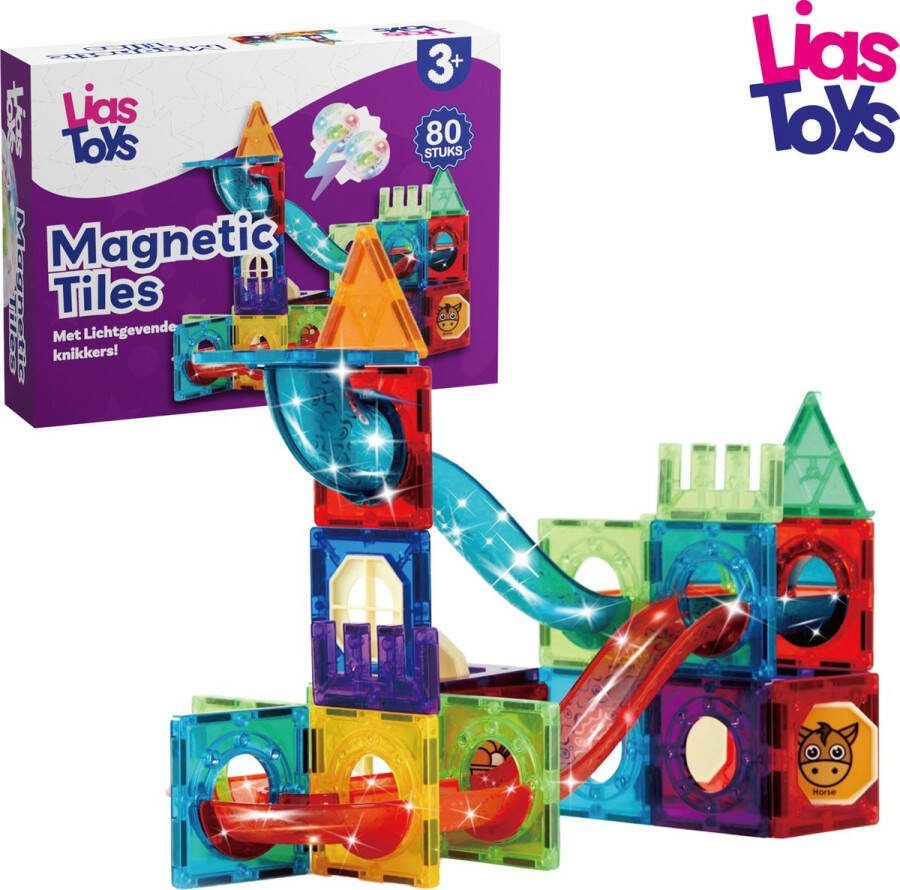 LiasToys Magnetisch speelgoed Magnetic tiles 80stuks Knikkerbaan Montessori speelgoed Magnetische Bouwstenen Lichtgevende knikkers
