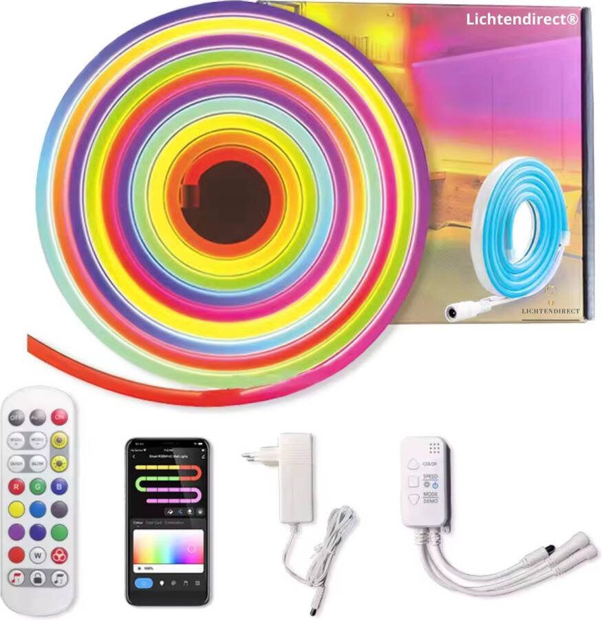 Lichtendirect Neon Led strip- 5 meter RGBIC- IP67 Waterbestendig led strip voor buiten- met Afstandsbediening Gaming Lichtstrip- App functie – Neon LED-strips Ledstrip