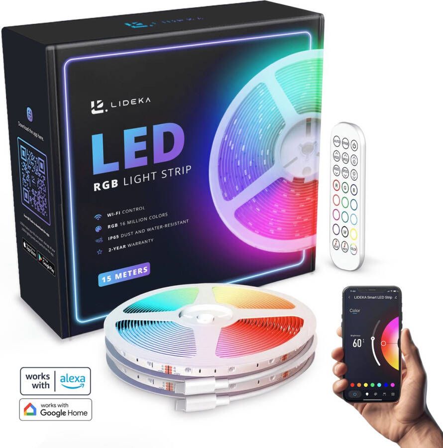 LIDEKA LED Strip van 15 Meter Kristalheldere Verlichting met 16 Miljoen Kleuren en Muziekoptie Eenvoudig te Installeren en Bedienen met Nieuwste App en Afstandsbediening 2 Jaar Garantie