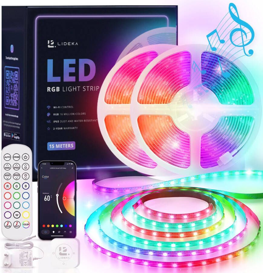 LIDEKA LED Strip 15 Meter (2x7.5) RGB 3.0 A 50K Branduren met Afstandsbediening en App 270 Led's Led Light Strip Verlichting Led Lights Led Light Strip Licht strip Zelfklevend Led Licht