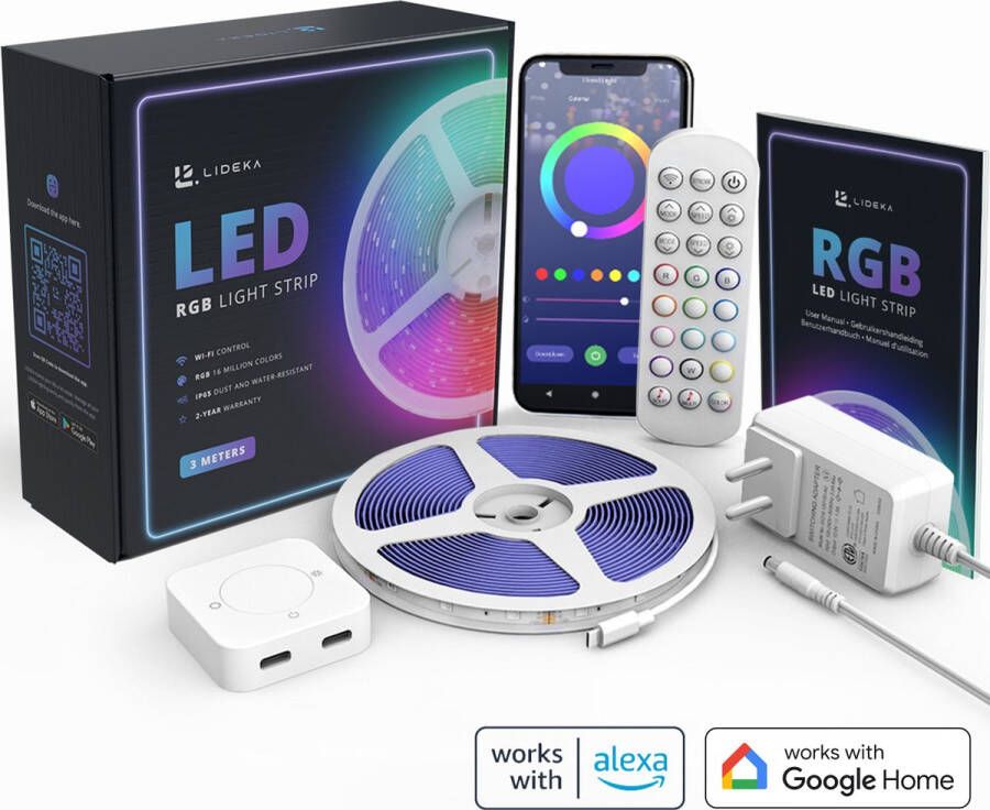 LIDEKA LED Strip 3m RGB Hoogste helderheid Zelfklevend Muziekoptie Uitgebreide app Compatibel met Google & Alexa Incl. afstandsbediening 2 jr garantie Moederdag cadeautje