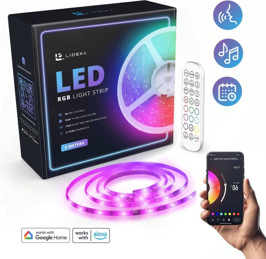 LIDEKA LED Strip 3 Meter Google & Alexa RGB incl. Afstandsbediening incl. Kleurverandering Zelfklevend Verlichting Led Lights Led Light Strip Licht strip