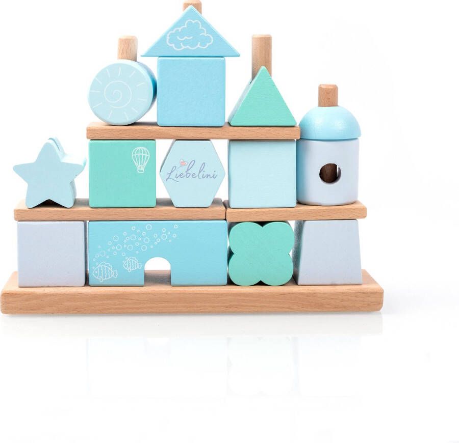 Liebelini houten speelgoed blokken huis stapelblokken blauw mintgroen