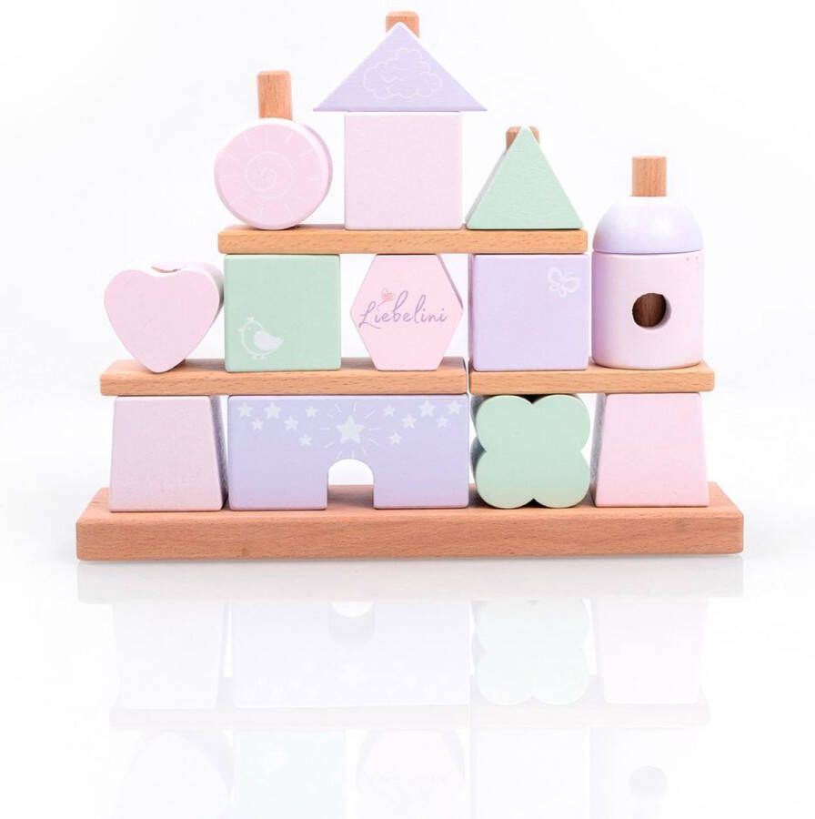 Liebelini houten speelgoed set van stapelhuis en stapeltrein houten speelblokken roze lila mintgroen