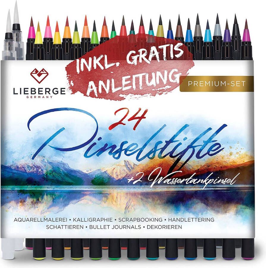 LIEBERGE Pennen premium set 24 aquarelverf + 2 watertankpennen pen met flexibele penzegel voor aquarel handlettering bullet journal kalligrafie