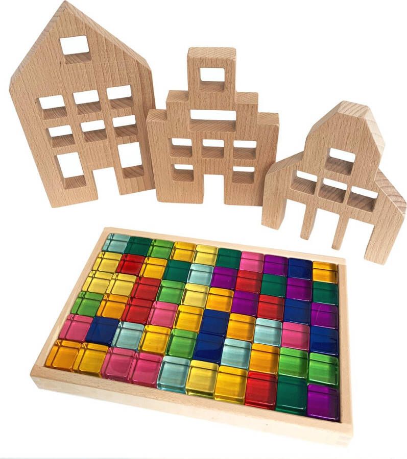 Liefbaby acryl transparante bouwblokken 60st+3 houten huis set|Educatief sensorisch licht Leren speelgoed Montessori sensorische set