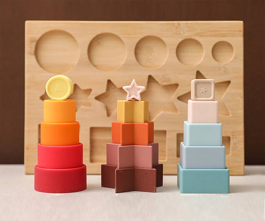 Liefbaby Bamboe sorteerplaat met 15 siliconen vormen |BPA vrij vormenpuzzel stapel speelgoed