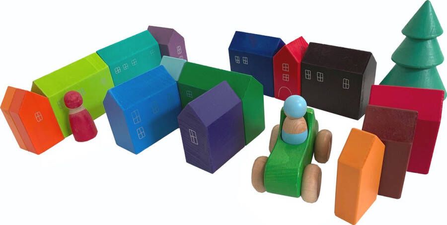 Liefbaby Bouwblokken Kleine Houten Huisjes 14-delig|montessori speelgoed regenboog kleur