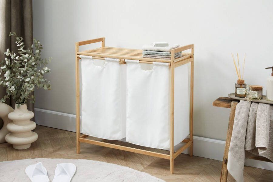 Lifa Bathing Bamboe Rek met Wasmanden Polyester en Bamboe Uitschuifbare Opbermanden met Deksel Wassorteerbak 60 Liter 2 Vakken Voor Badkamer Slaapkamer en Wasruimte 73 x 64 x 33 cm