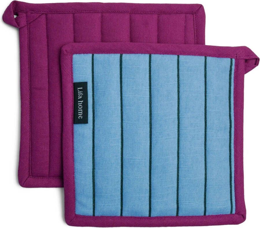 Lifa home Pannenlappen Pannenonderzetters Set Vivid Blauw Groen 20 x 20 cm Organisch Katoen 2 stuks
