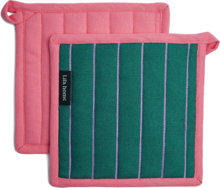 Lifa home Pannenlappen Pannenonderzetters Set Vivid Groen Paars 20 x 20 cm Organisch Katoen 2 stuks