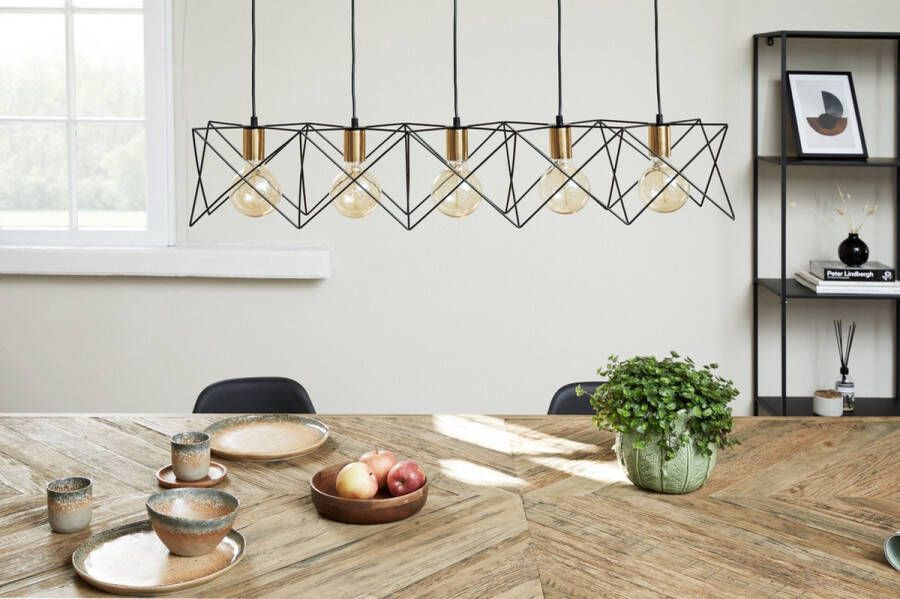 Lifa-Living Industriële Hanglamp Zwart Metalen Frame Gouden Fitting 5 Lichtpunten E27 voor Gloeilampen Inclusief Bevestigingsmateriaal 93 x 19 x 19 cm