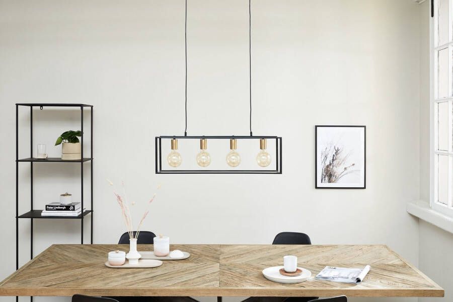 Lifa-Living Industriële Hanglamp Zwart Metalen Frame met Gouden Fitting 4 Lichtpunten E27 voor Gloeilampen Inclusief Bevestigingsmateriaal 75 x 22 x 22 cm