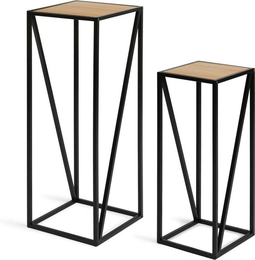 Lifa-Living Moderne Plantentafel Set van 2 Naturel en Zwarte Bloemenstandaard Metaal en Hout Staand Bloementafel voor Binnen 21 5 x 21 5 x 57 cm en 26 x 26 x 73 cm
