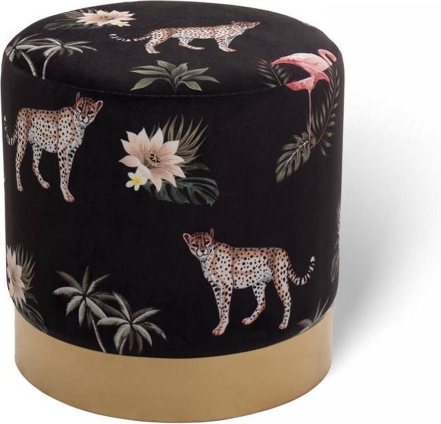 Lifa-Living Poef Beau Bananenblad Print Groen & Goud Jungle Rond Velvet & Metaal Functioneel Comfortabel Ø 38 x 38 cm