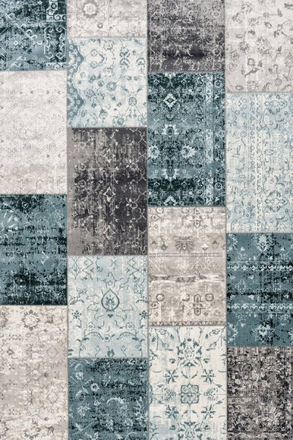 Lifa-Living Vloerkleed Patchwork Geruit Design Retro Donkergrijs Blauw- 133 x 200 cm