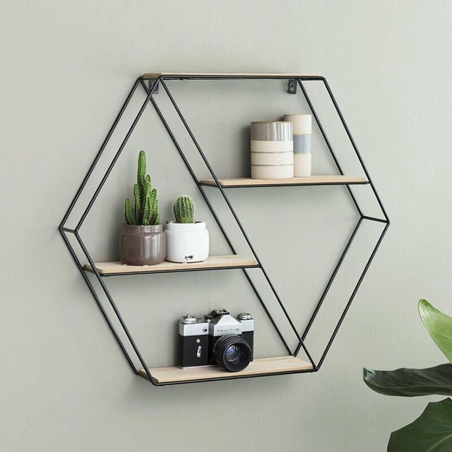 Lifa-Living Wandrek Marbella Wandplank Industrieel Metaal en MDF Hout 4 Planken Zeshoekig Kruidenrek Zwart Voor Keuken Slaapkamer Woonkamer 58 x 51 x 11 cm