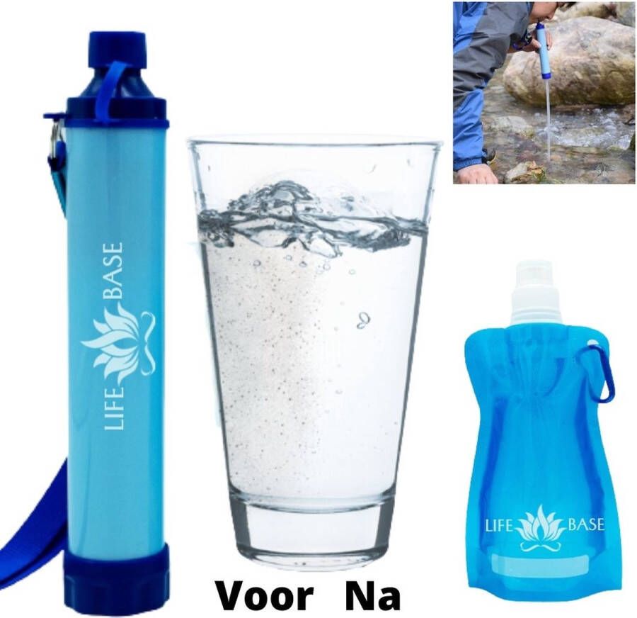 LifeBase Personal Waterfilter Waterzuivering Waterfles Waterfilter Survival Outdoor Met waterzak Kamperen en Wandelen Filtert tot 1500L