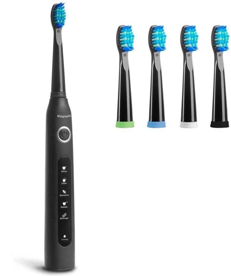 LifeGoods Elektrische Tandenborstel Oplaadbaar Veilig voor Douche 4 Opzetborstels Zwart