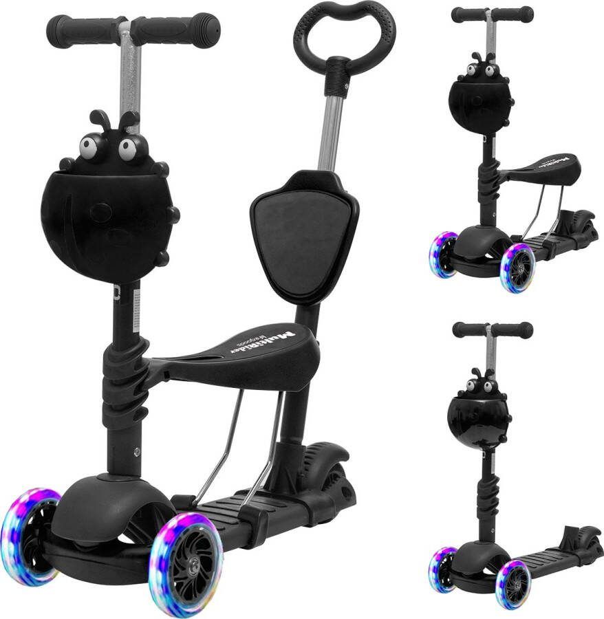 LifeGoods MultiRider Kinderstep met Duwstang 3 tot 8 Jaar Jongens Meisjes 2 Lichtgevende Wielen Zwart