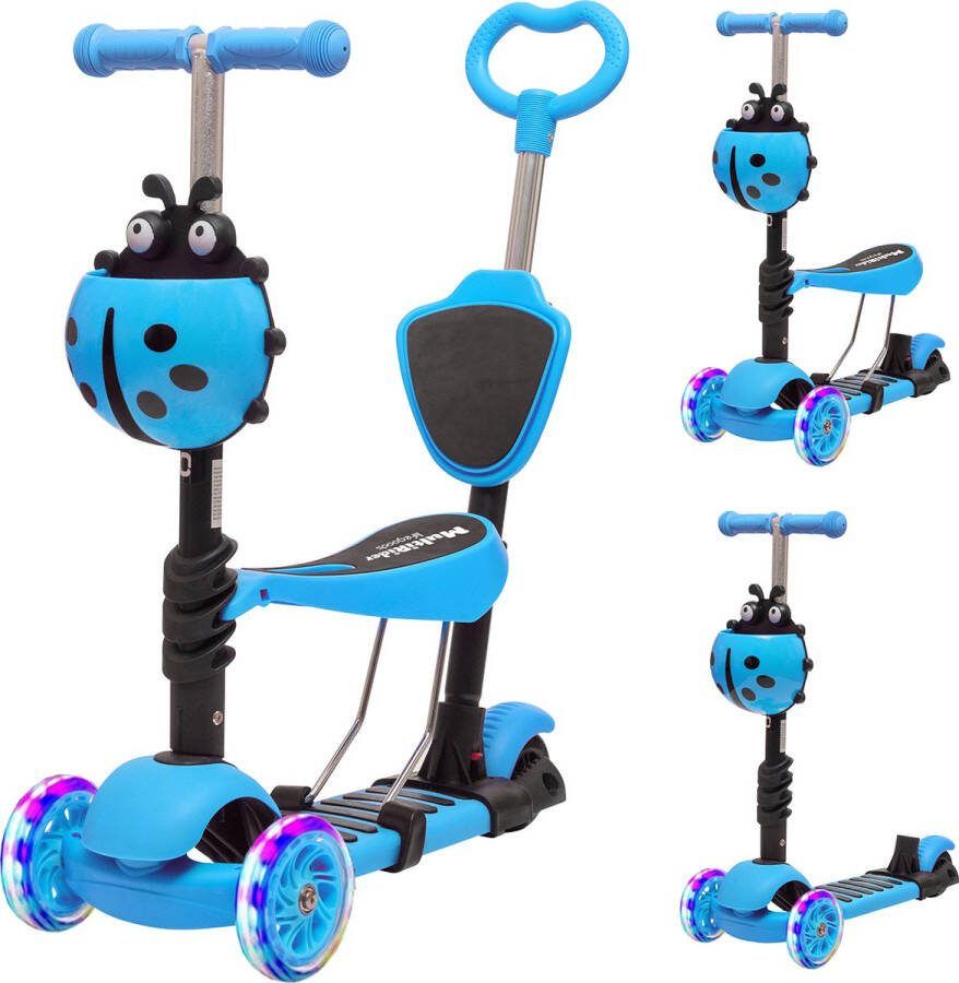 LifeGoods MultiRider Kinderstep met Duwstang 3 tot 8 Jaar Jongens Meisjes 3 Lichtgevende Wielen Blauw