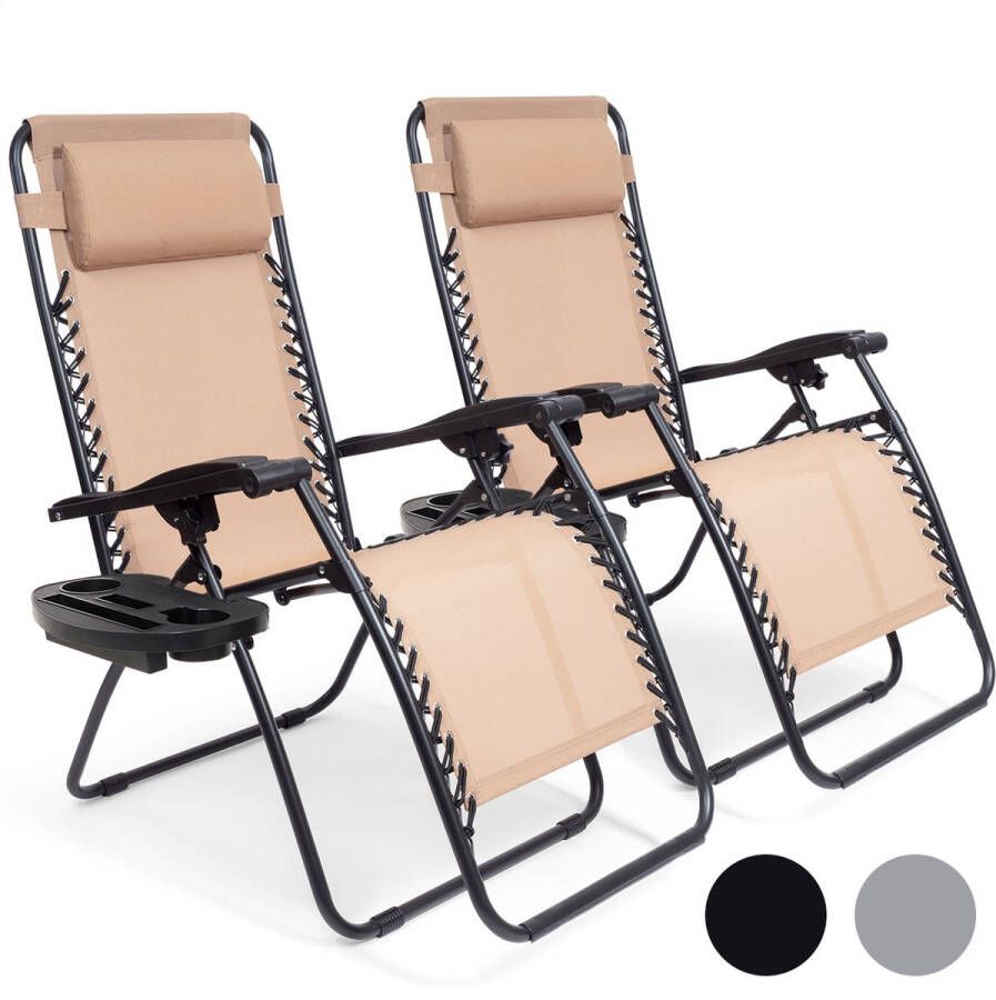 LifeGoods Opvouwbare Tuinstoelen Ligstoelen 2 Stuks 30°-90° Verstelbaar Zijtafel en Hoofdkussen Metaal Beige