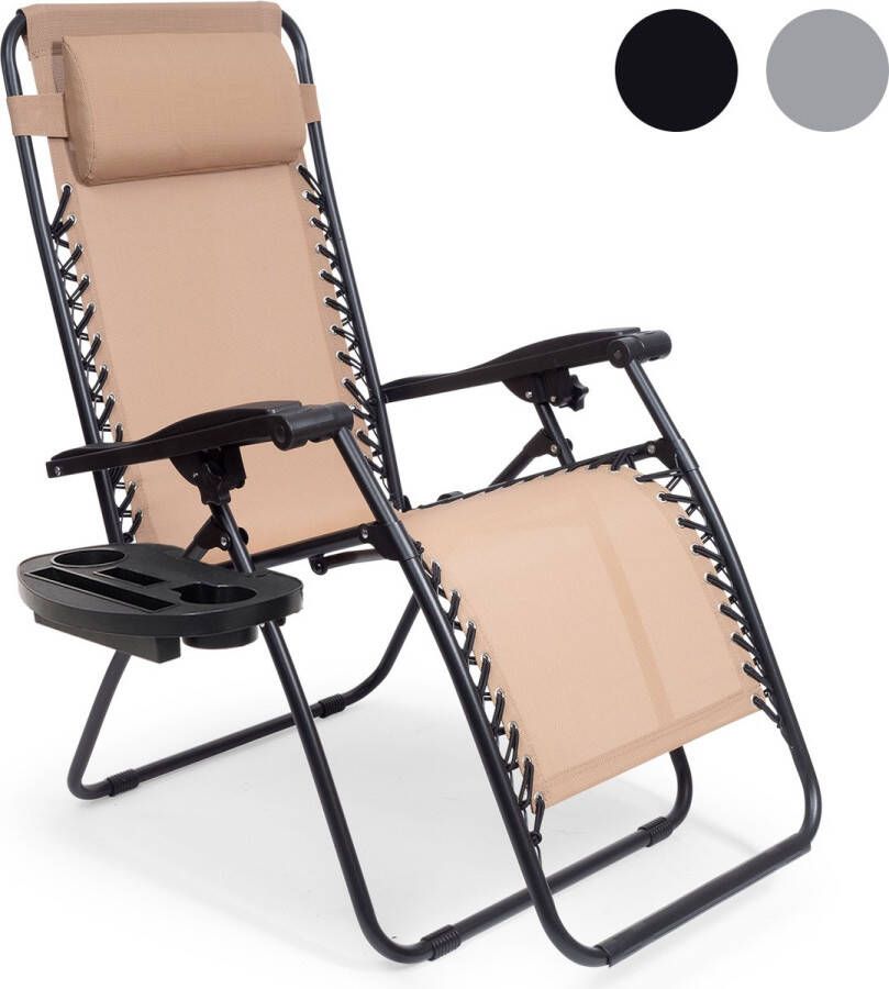 LifeGoods Opvouwbare Tuinstoel 30°-90° Verstelbaar Zijtafel en Hoofdkussen Metaal Beige