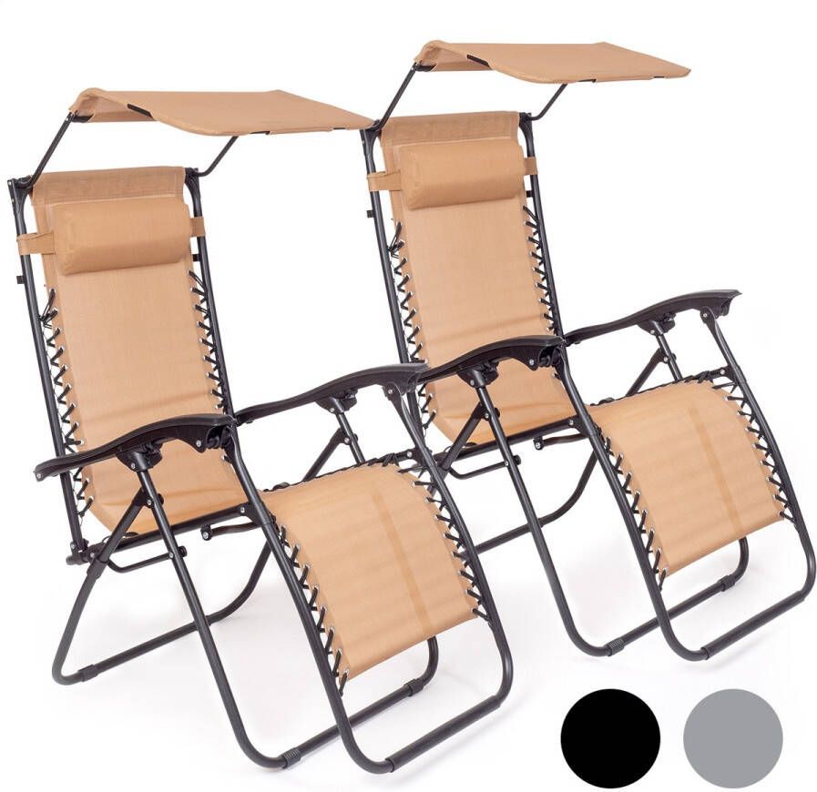 LifeGoods Opvouwbare Tuinstoelen Verstelbaar Zonnescherm Ligstoel Tuin 2 Stuks 30°-90° Verstelbaar Metaal Beige