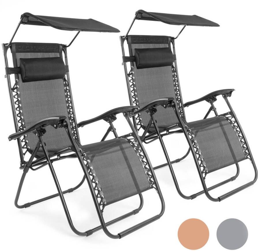 LifeGoods Opvouwbare Tuinstoelen Verstelbaar Zonnescherm Ligstoel Tuin 2 Stuks 30°-90° Verstelbaar Metaal Zwart