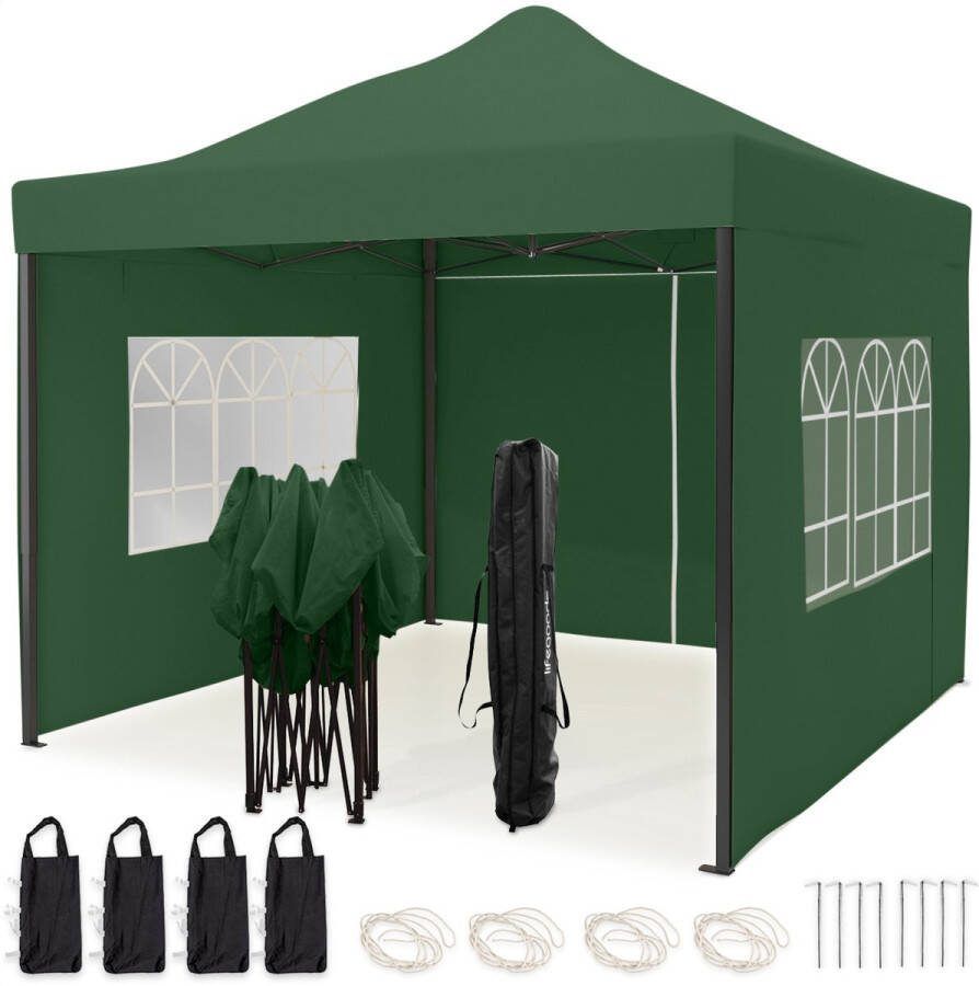 LifeGoods Partytent 3x3 m Zijwanden Easy Up Paviljoen Opvouwbaar Waterdicht Draagtas met Wieltjes Donkergroen