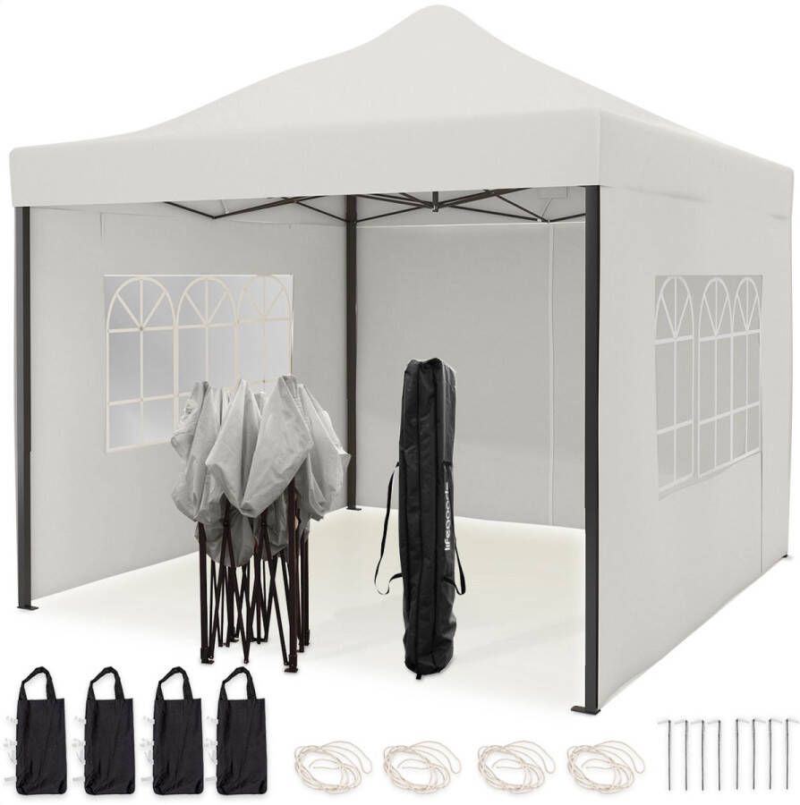 LifeGoods Partytent 3x3 m Zijwanden Easy Up Paviljoen Opvouwbaar Waterdicht Draagtas met Wieltjes Wit