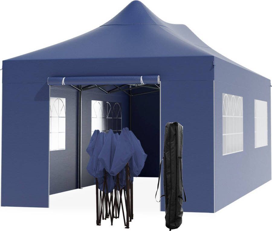 LifeGoods Partytent Paviljoen 3x6 m Zijwanden Easy Up Opvouwbaar Waterdicht Draagtas met Wieltjes Donkerblauw