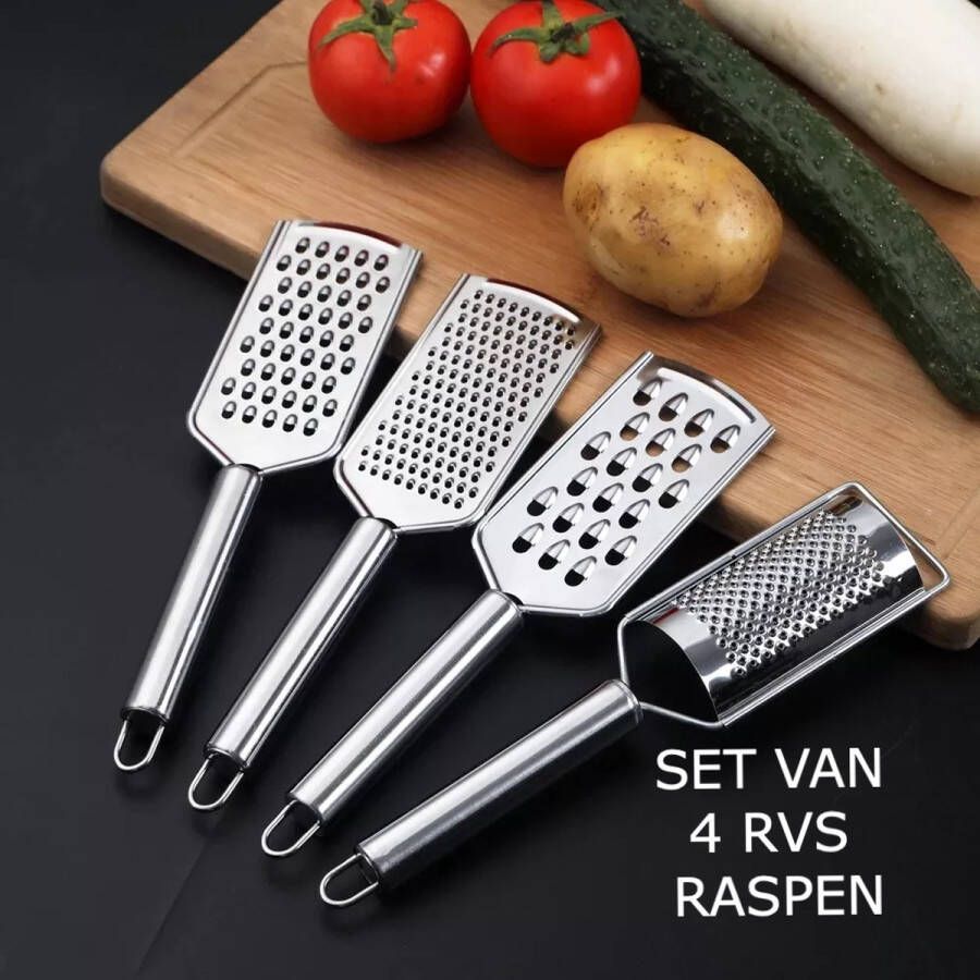 LifeLoom Set van 4 RVS Handraspen Zesteur Rasp Gemberrasp Groenterasp Citroenrasp Knoflookrasp Fijne Rasp Grove Rasp Aardappelrasp Nootmuskaatrasp Kaasrasp Wortelrasp