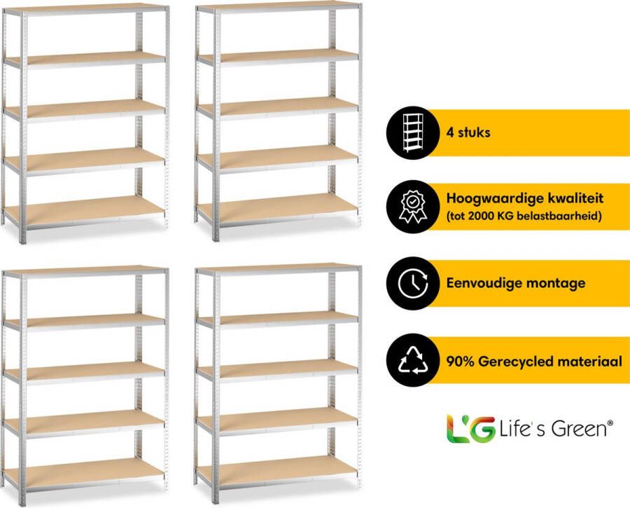 Life s Green Life s Green Stelling Set 120 cm Opbergrek Stellingkast 4x 120*30*180 cm Zilver