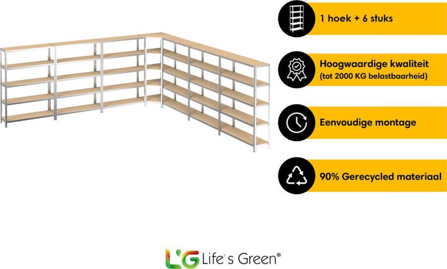 Life s Green Life s Green Stelling Set 120 cm Opbergrek Stellingkast 6x 120*40*180 cm 1x Hoekstelling Zilver