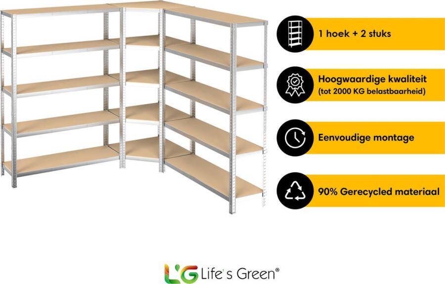 Life s Green Life s Green Stelling Set 120 cm Opbergrek Stellingkast Hoekstelling 2x Stelling 120 cm 1x Hoekstelling 70 cm Zilver 30 cm