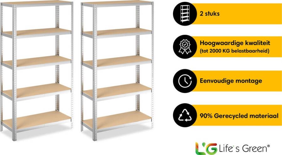 Life s Green Life s Green Stelling Set 90 cm Opbergrek Stellingkast 2x 90*40*180 cm Zilver