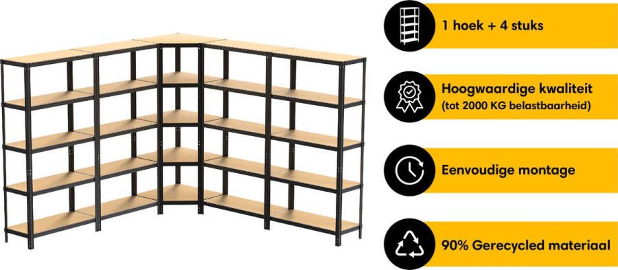 Life s Green Life s Green Stelling Set 90 cm Opbergrek Stellingkast 4x 90*30*180 cm 1x Hoekstelling Zwart