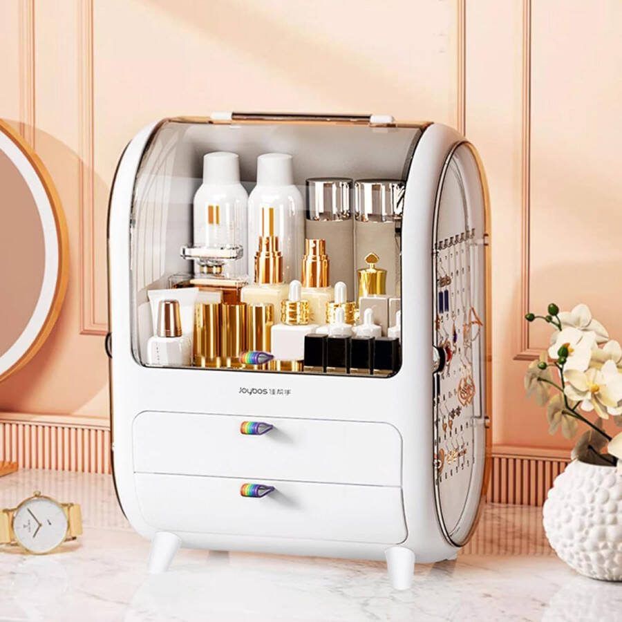 LifeStages 180° multifunctionele draagbare make-up organizer cosmetische doos cosmetische opbergdoos met stofdicht deksel beauty organizer lade cosmetica slaapkamer badkamer desktop wit