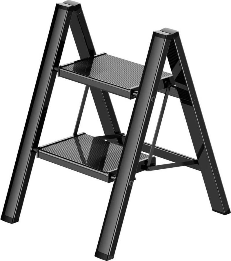 LifeStages 2 treden ladder zwart aluminium vouwladder trapladder 2 treden inklapbaar lichte opstapkruk met breed anti-slip pedaal maximaal draagvermogen 150 kg