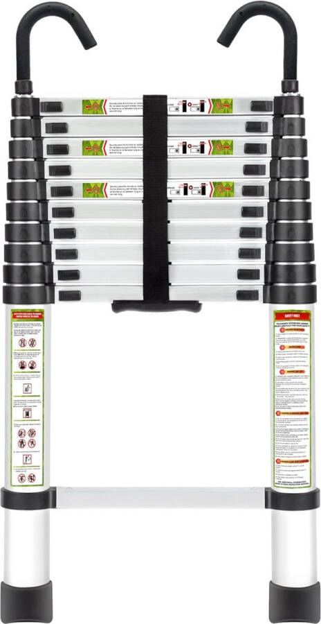 LifeStages 3 2 m uitschuifbare ladder aluminium telescopische ladder met afneembare haak multifunctionele ladder gemaakt van hoogwaardig aluminium draagbare verlengingsladder maximale belasting 150 kg 330 lbs Zilver