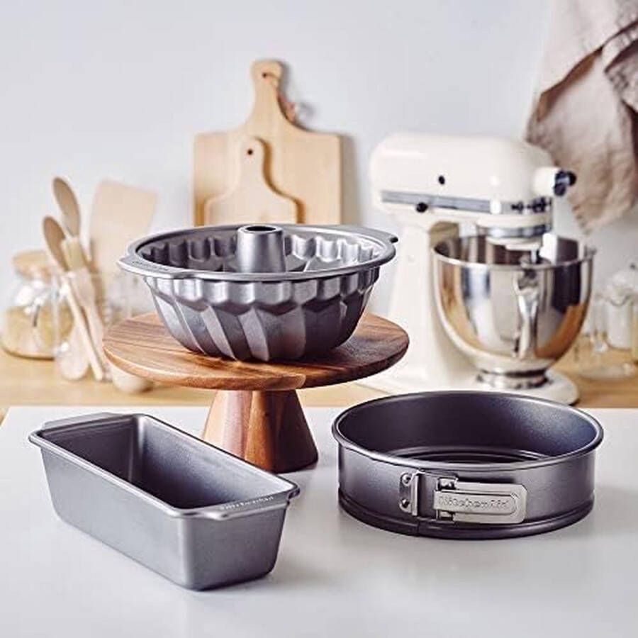 LifeStages Aluminium Steel 3-delige bakvormset 24 cm springvorm 24 cm tulbandvorm 27 cm x 11 cm bakvorm PFAS-vrije antiaanbaklaag ovenvast vaatwasmachinebestendig grijs