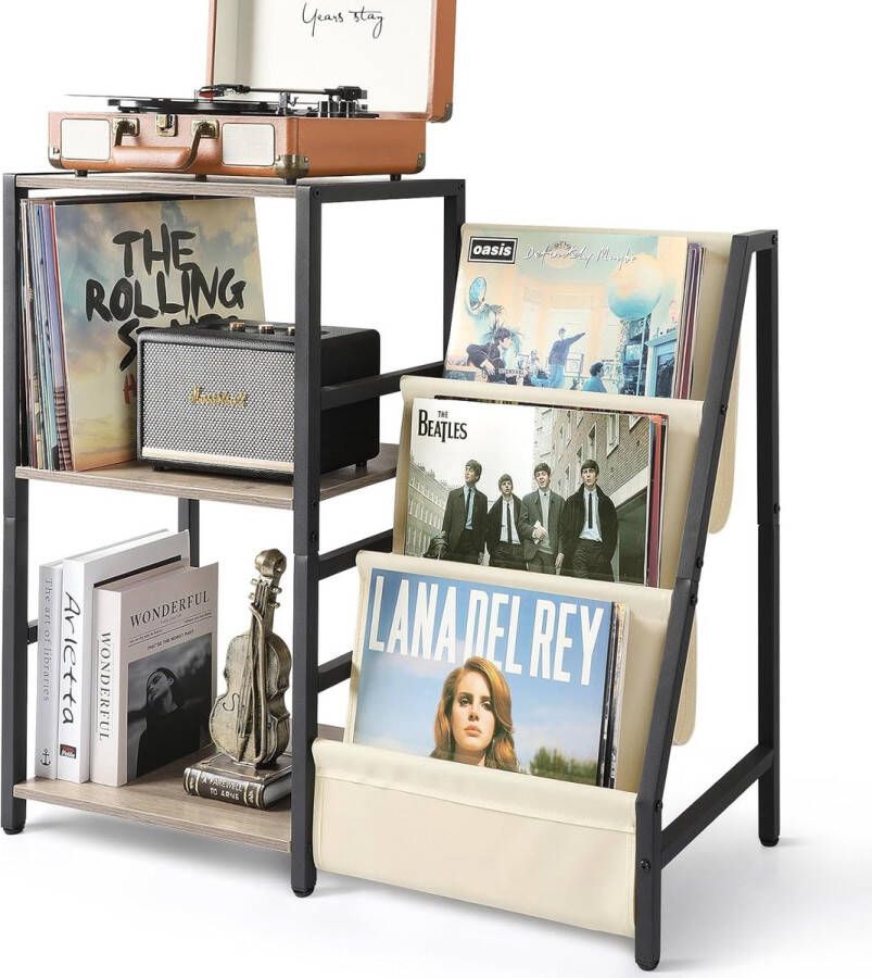 LifeStages Bijzettafel Platenspeler Platenopslag met 3-laags vinylplatenopslag tot 200 albums Vinyl Platenspelerstandaard Houten Bijzettafel voor Woonkamer (Wit)